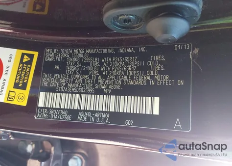 2013 Toyota Highlander from USA, damaged, VIN 5TDZA3EH5DS035995